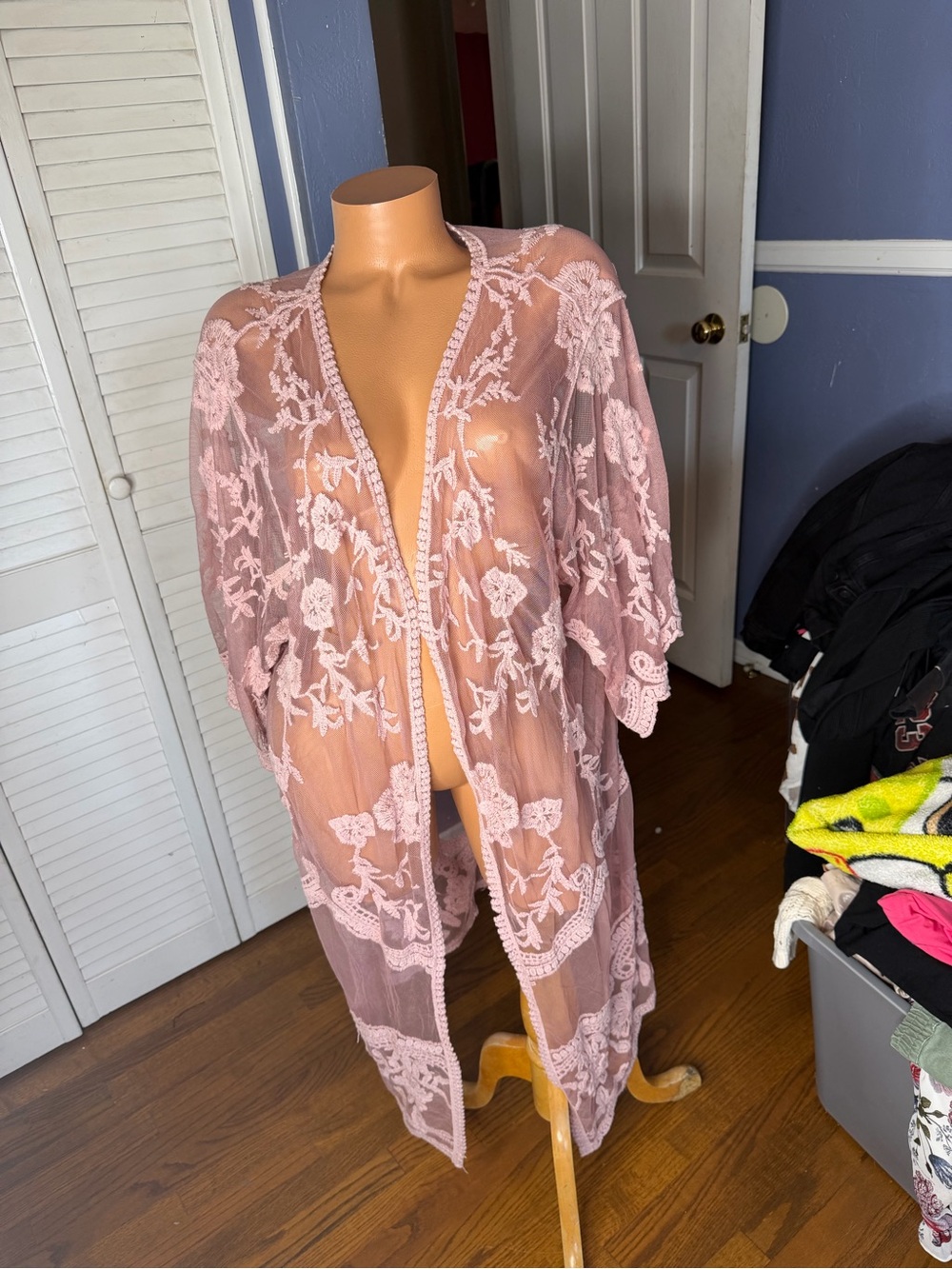 Sheer Pink Embroidered Lace Kimono Robe Women Intimates & Sleepwear beach cover